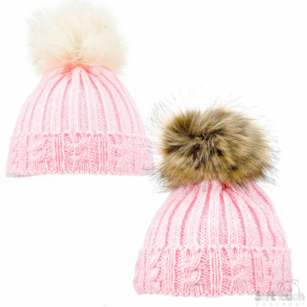 Soft Touch  5023797303135 STH486-P-SM Pink Cable Fluffy Pom Pom hats ( 0-12 months)