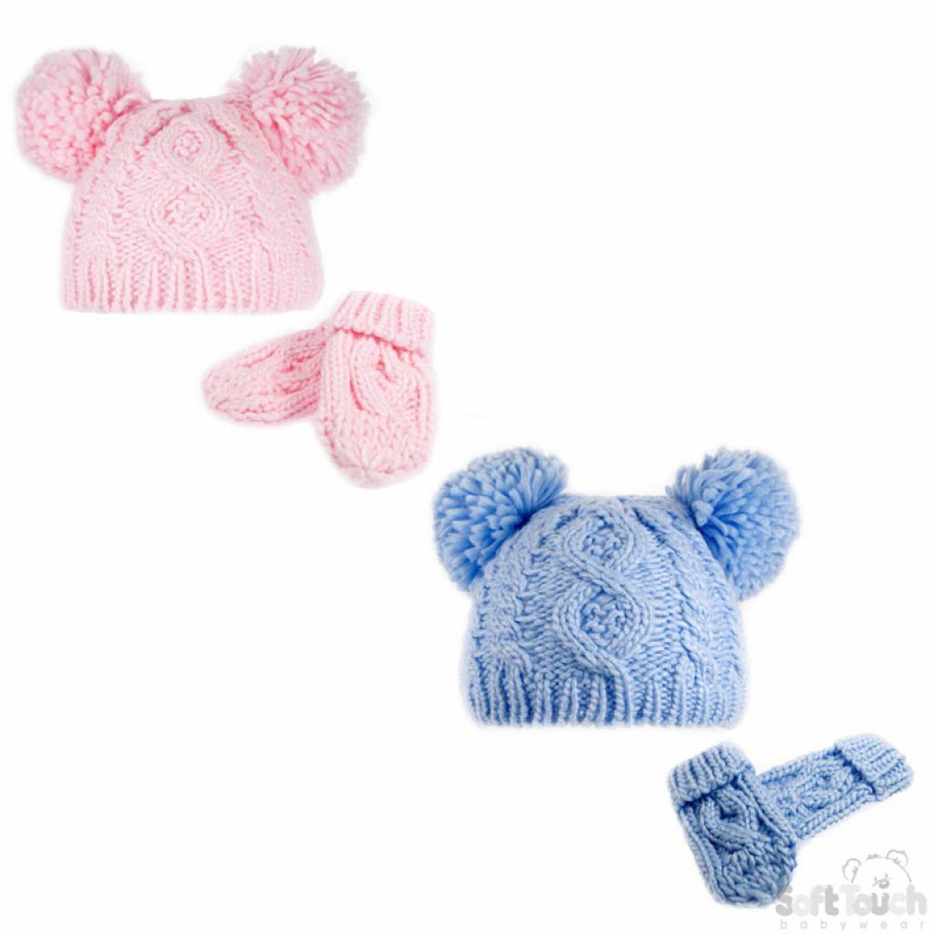 Soft Touch  5023797303104 STHH482-PB-SM  Pom pom hat and mitten ( 0-12 months)