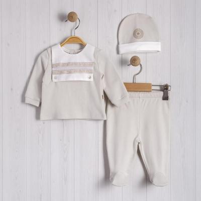 Bello Joy  1020018032663 BJ3266BE Organic Beige Bibbed Three Piece (0-6 months)