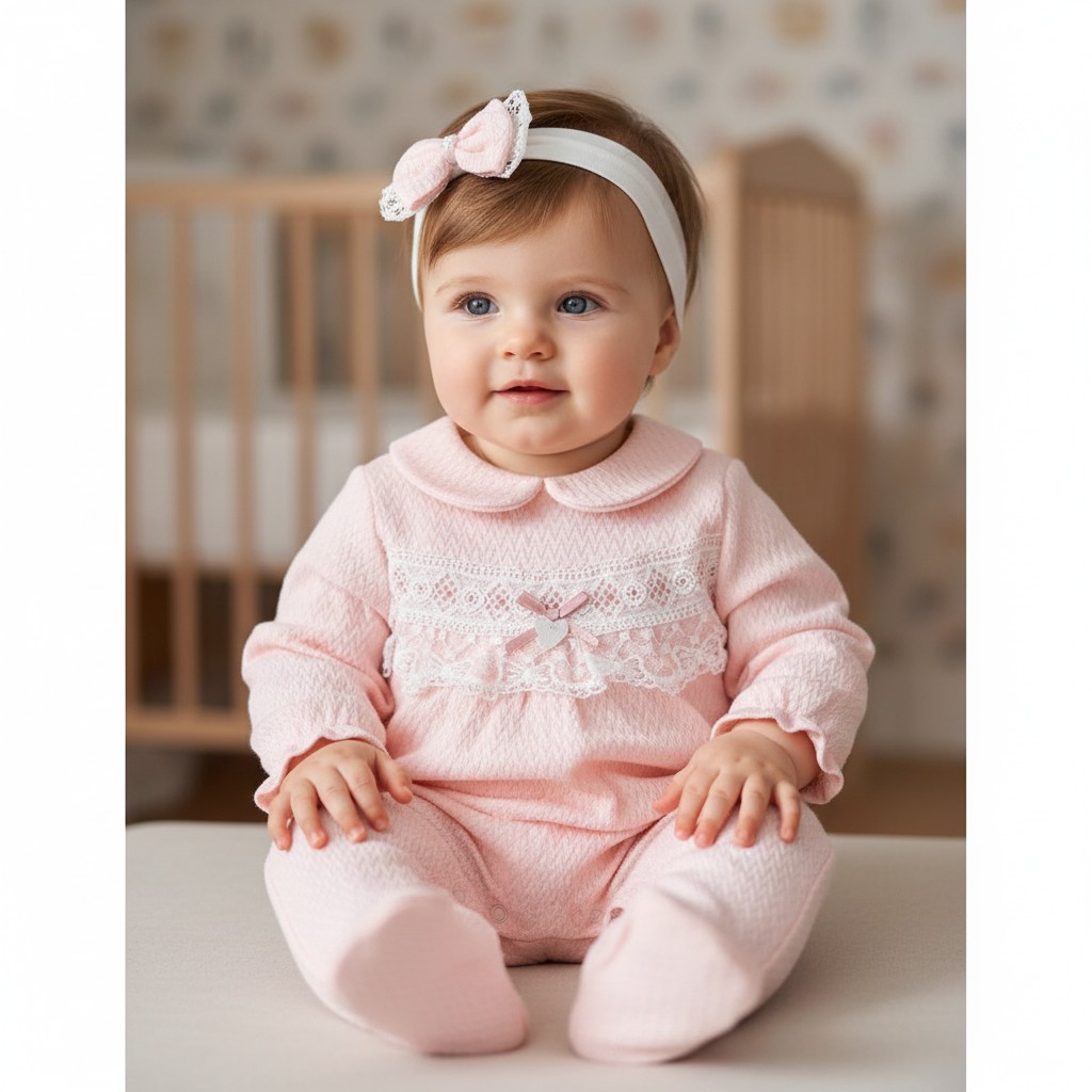 Bello Joy * BJ3276P Pink "Lace and Bow" Textured All In One (0-9m)
