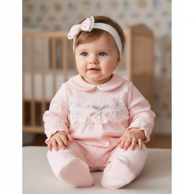BJ3276P  Pink "Lace and Bow" Textured All In One  (0-9m)
