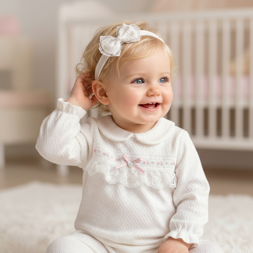 Bello Joy  * BJ3276W White "Lace and Bow" Textured All In One (0-9m)