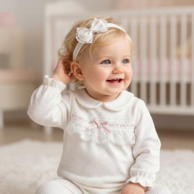 BJ3276W  White "Lace and Bow" Textured All In One  (0-9m)