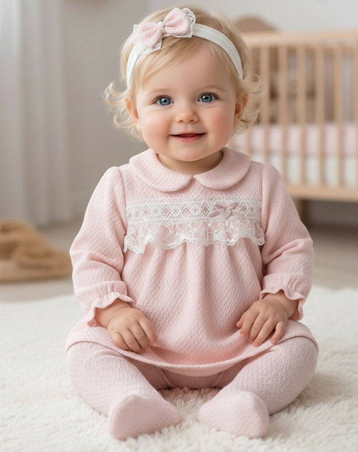 Bello Joy  * BJ3277 Pink "Lace and Bow" Textured Three Piece Set (0-6 months)