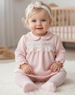 BJ3277  Pink "Lace and Bow" Textured Three Piece Set  (0-6 months)