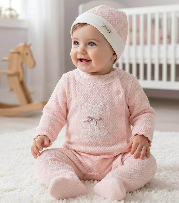 Bello Joy * BJ3283 Pink "Teddy" Textured All In One and Hat (0-9 months)