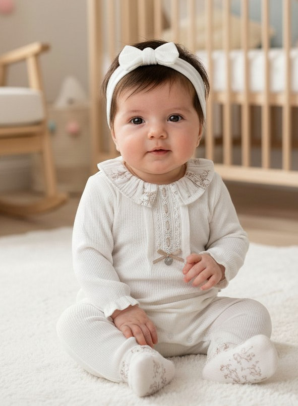 Bello Joy  * BJ3286W White "Lace and Bow" Textured All In One (0-9m)