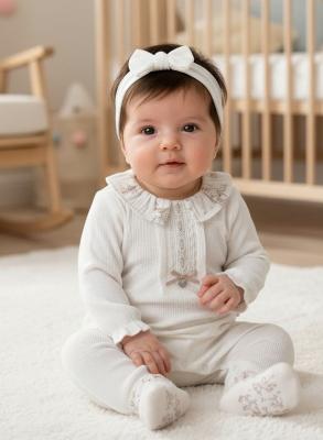 BJ3286W  White "Lace and Bow" Textured All In One  (0-9m)