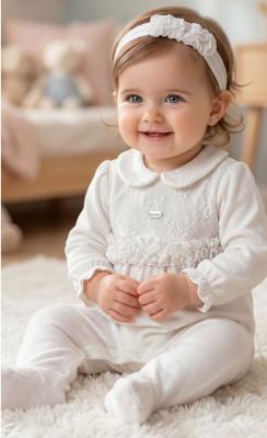 BJ3294W  White "Lace and Ruffles" All In One  (0-9m)