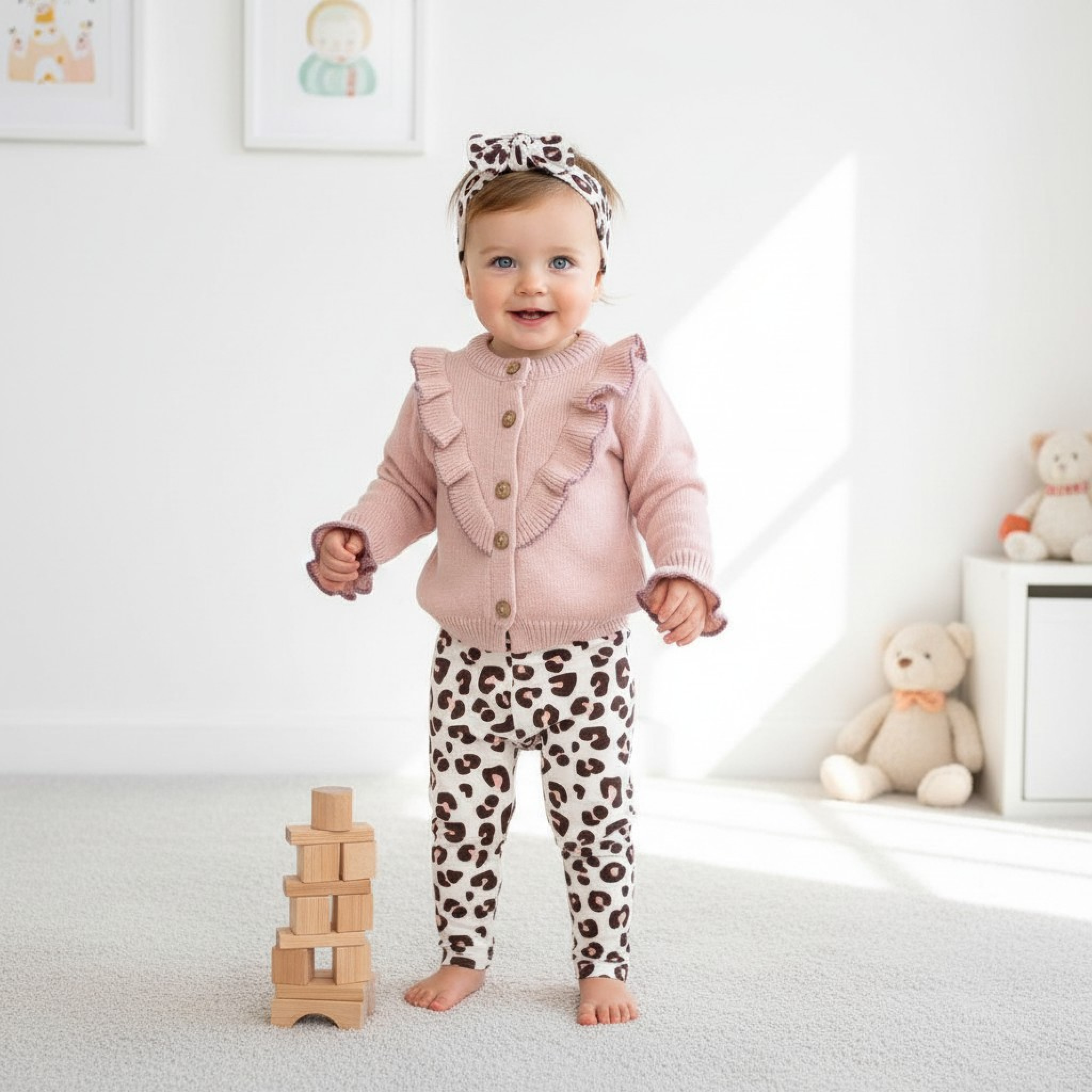 Babymy  * BM4134DP Leopard Knit Set  and headband(6-36 months)