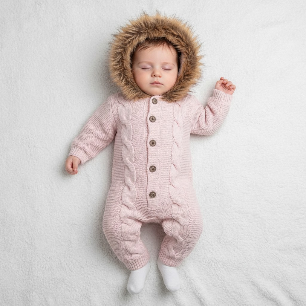 Babymy   BM4162P Fluffy collar knitted pram suit ( 3-12 month)