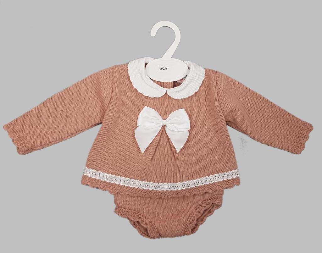 Bee Bo MC145 5029711145805 BOMC145-DP Dusky Pink "Bow and Lace" Knitted Set (0-9m)