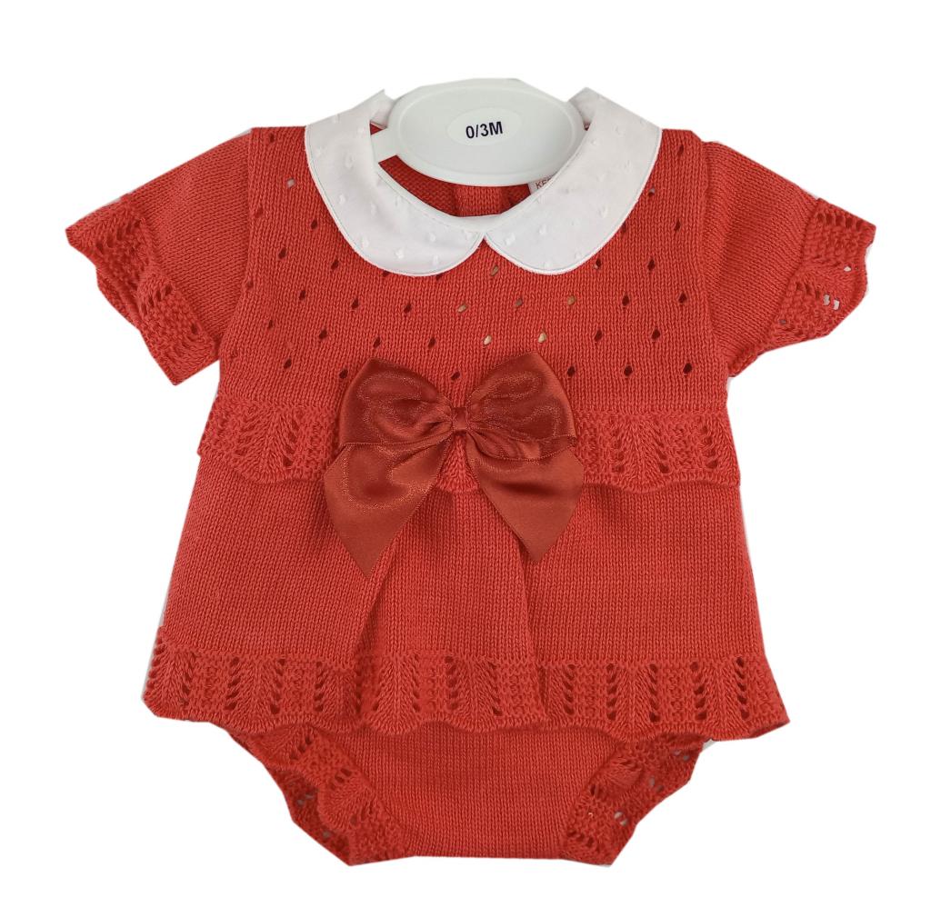 Bee Bo 6008 5029711151820 BO6010COR Coral Pink Bow Knitted Jam Pant Set(0-9 months)