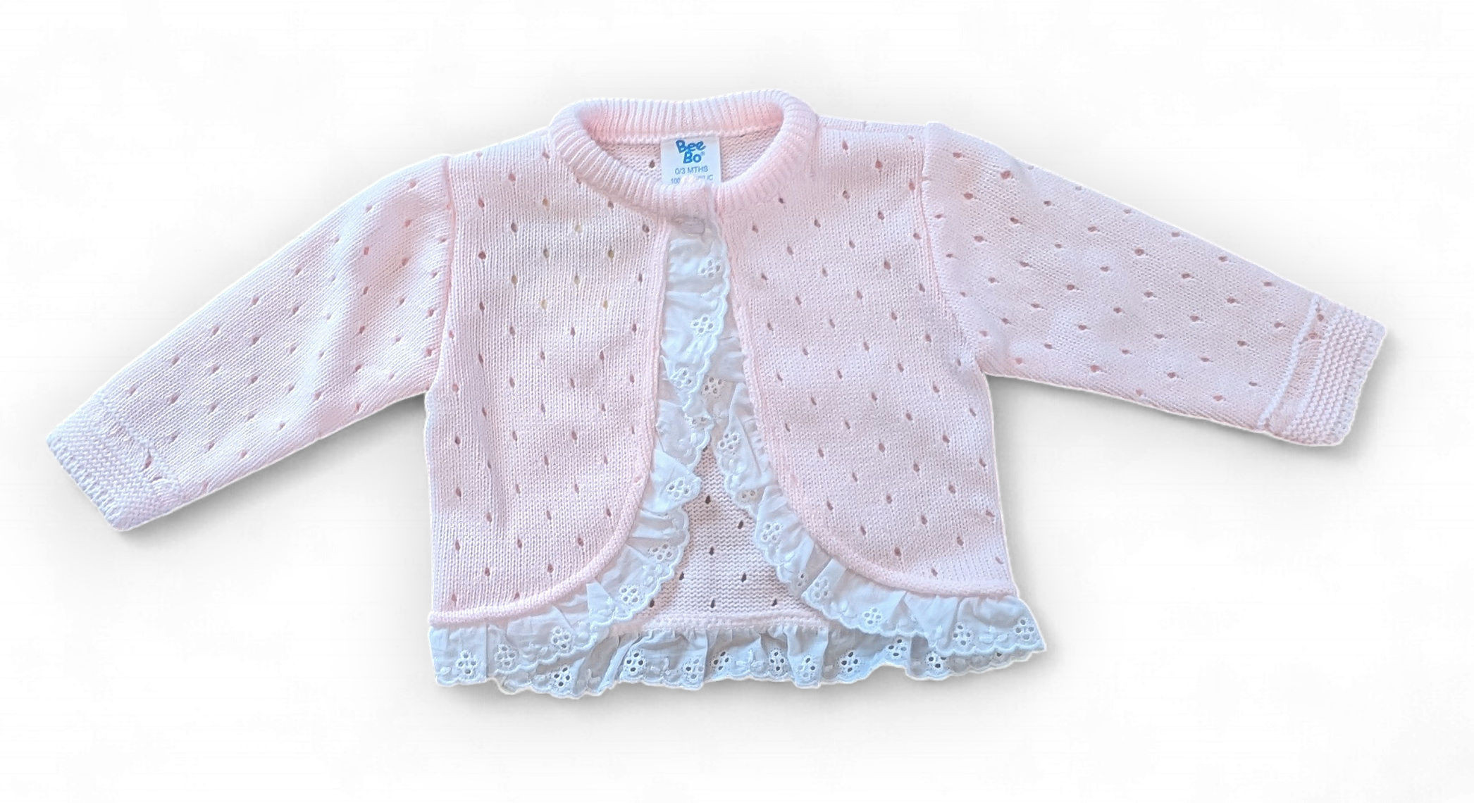 Bee Bo MC8051 All sizes = 5029711150687 BO8051P Broderie Lace Trim Cardigan (0-9 months)