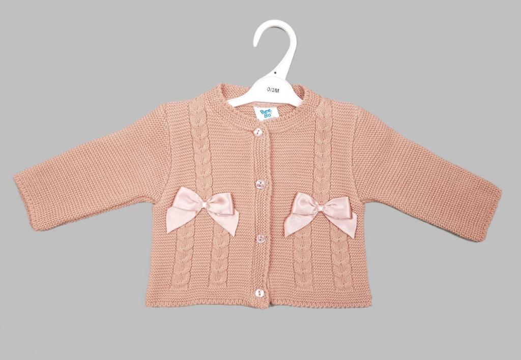 Bee Bo MC810 5029711146109 BO810-DP Dusky Pink "Cable and Bows" Knit Cardigan (0-9m)