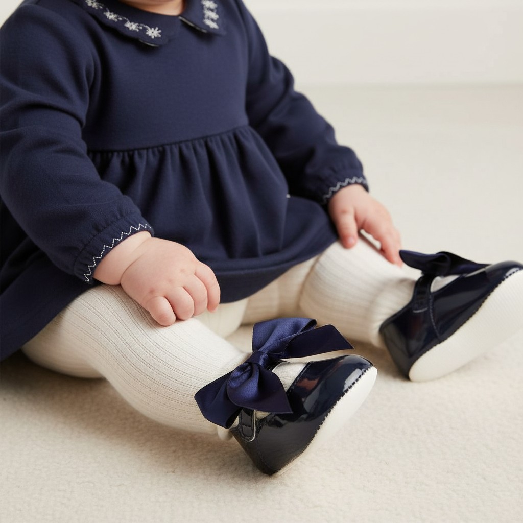 Bay Pod/Early Days  * BP025-N Navy Patent "Bow" Soft Sole Shoe (0-3)