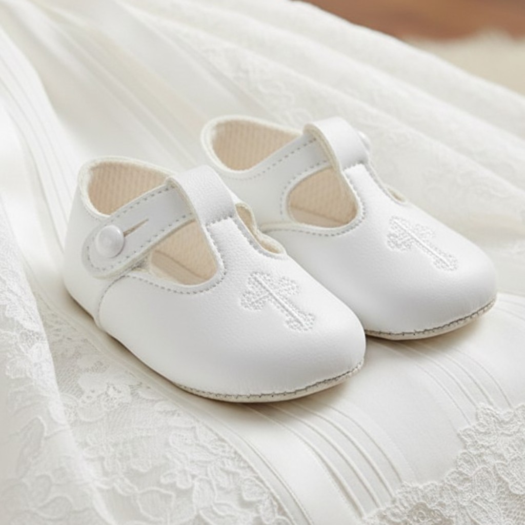 Bay Pod/Early Days   BP044WM Christening  White Matt Shoe With Cross (0-2 LAST FEW)