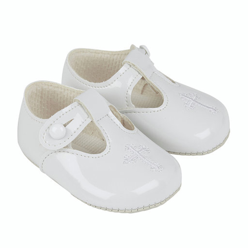 Bay Pod/Early Days   BP044WP Christening White Patent Shoe With Cross (0-3)