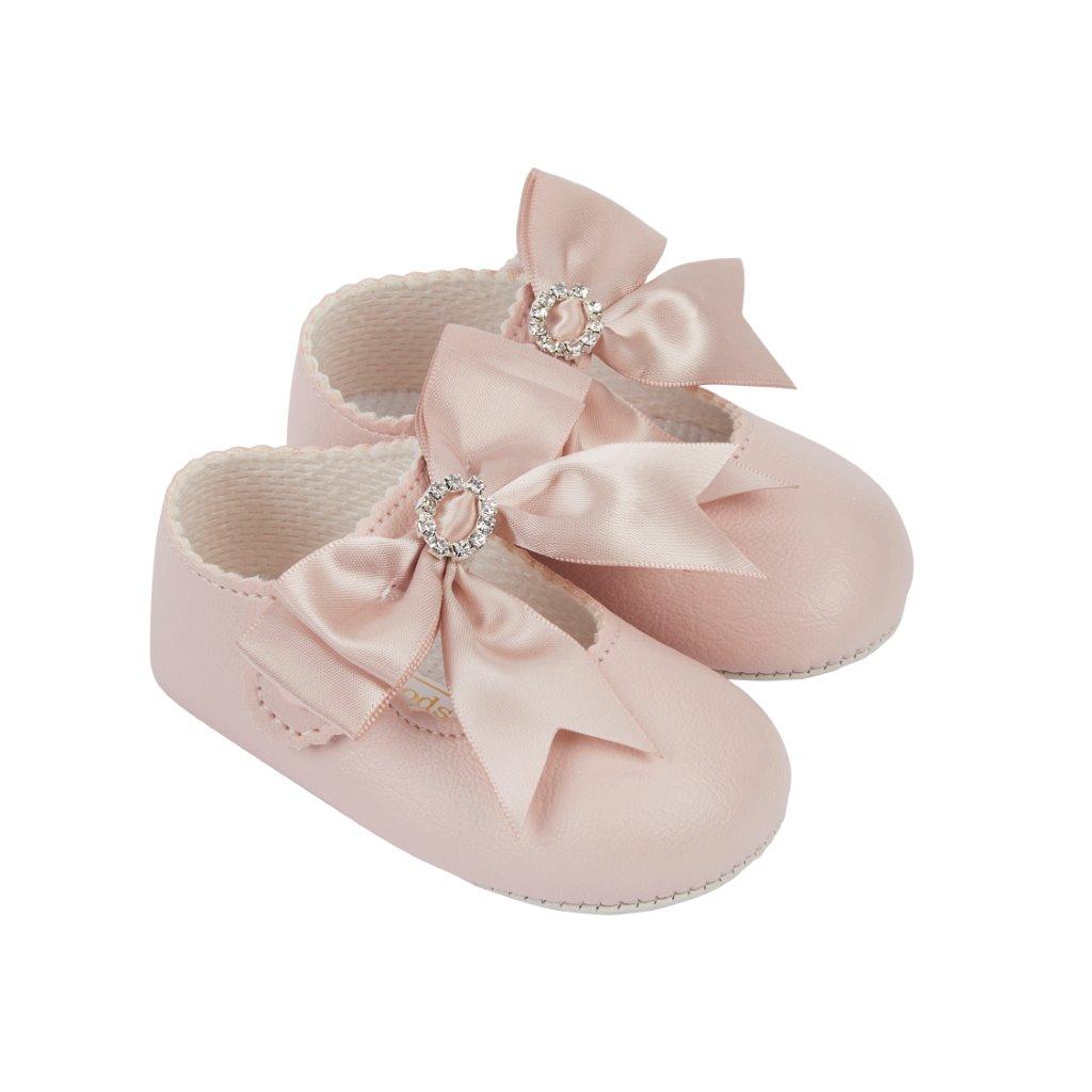 Bay Pod/Early Days  * BP060DP Dusky Pink Bow & Diamonte Soft Sole Shoe (0-3)