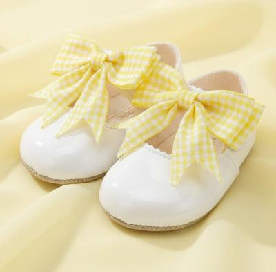 BP076-WY  White Yellow "Gingham Bow" Soft Sole Shoe  (0-3)