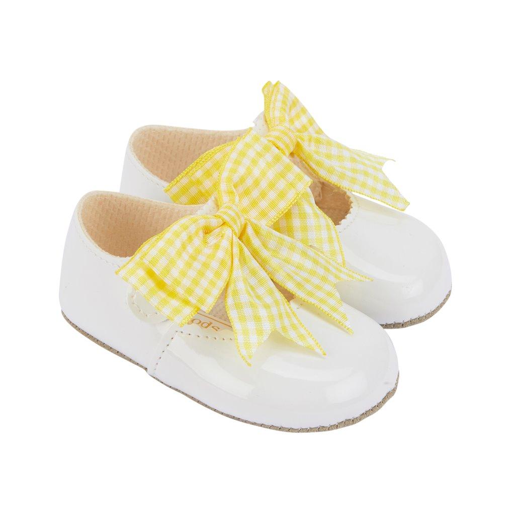 Bay Pod/Early Days  * BP076WY White Yellow "Gingham Bow" Soft Sole Shoe (0-3)