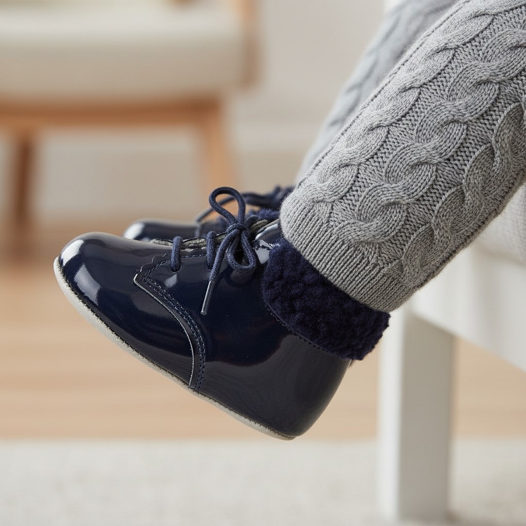 Bay Pod/Early Days  * BP627-N Navy Patent Pre-Walker Boots with Fur Collar (0-3)