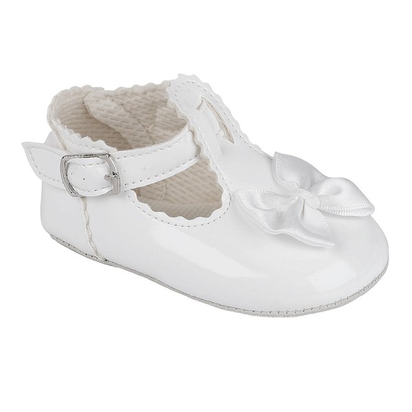 Bay Pod/Early Days   BP861W White Patent Buckle T-Bar Pre-Walker Shoe with Bow (0-3)