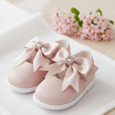 BPH035-DP  Dusky Pink Bow & Diamante First Walker Shoe  (2-6)