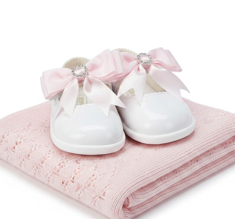 Bay Pod/Early Days H035 * BPH035-WPi White Pink Bow & Diamante First Walker Shoe (2-6)
