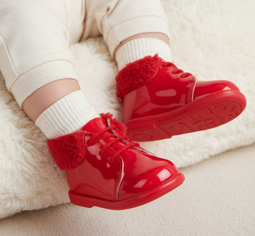 Bay Pod/Early Days  * BPH515-R Red Patent First Walker  Boots with Fur Collar (2-6)