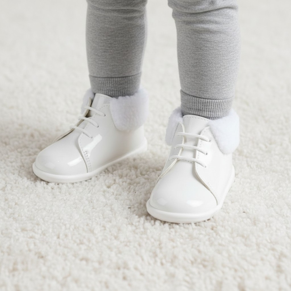 Bay Pod/Early Days  * BPH515-WP White Patent First Walker Boots with Fur Collar (2-4)