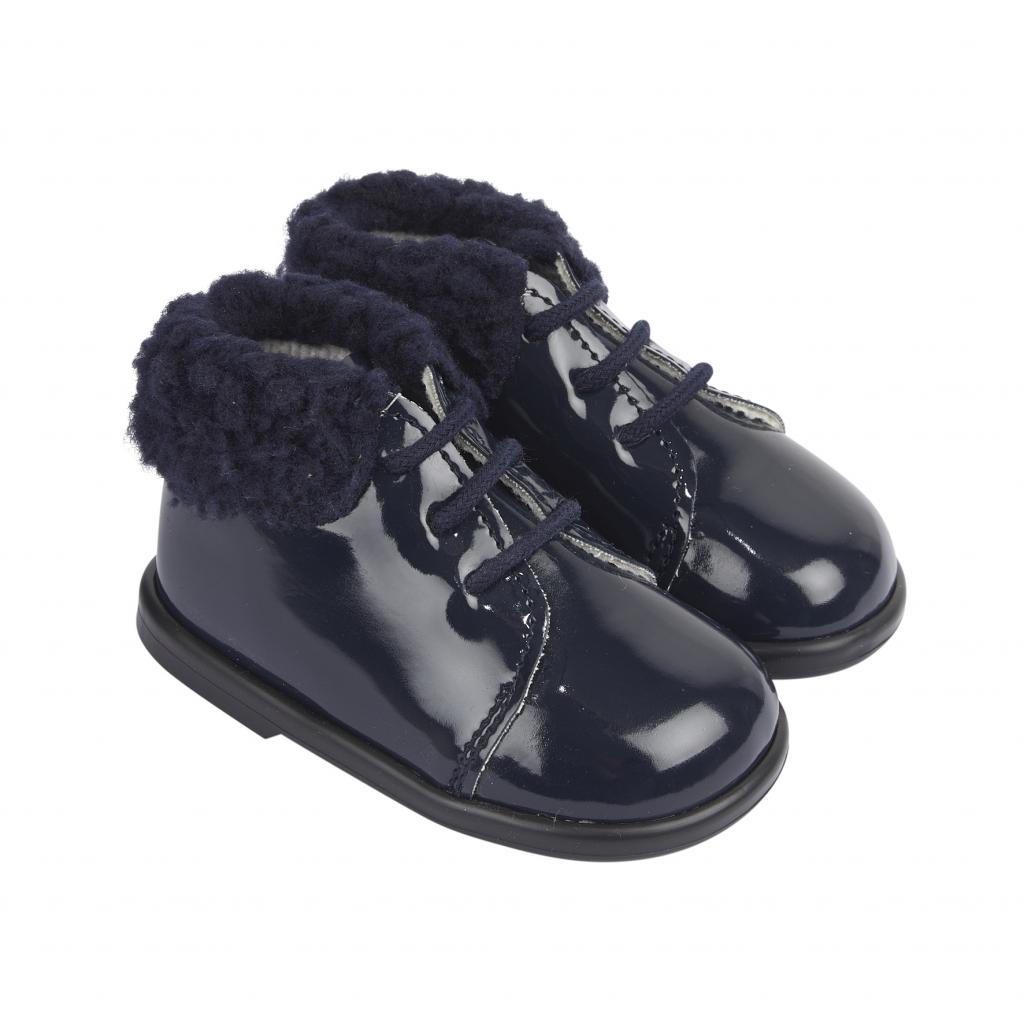 Bay Pod/Early Days  * BPH515N Navy Patent Pre-Walker Boots with Fur Collar (2-4)