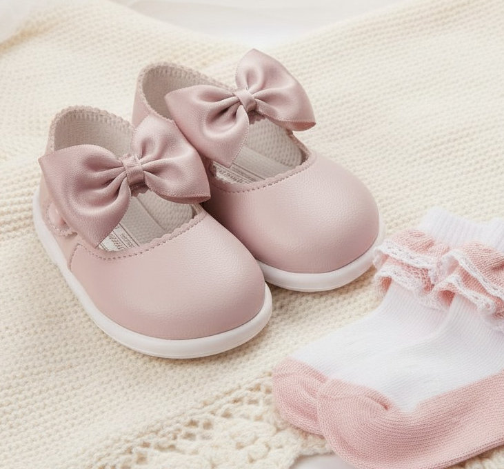 Bay Pod/Early Days H650 * BPH650-DP Dusky Pink "Bow" First Walker Shoes (2-6)