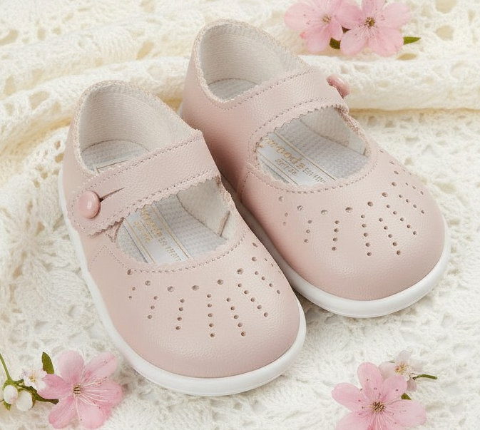 Bay Pod/Early Days H652 * BPH652-DP Dusky Pink Punch Hole Detail First Walker Shoes (2-6)