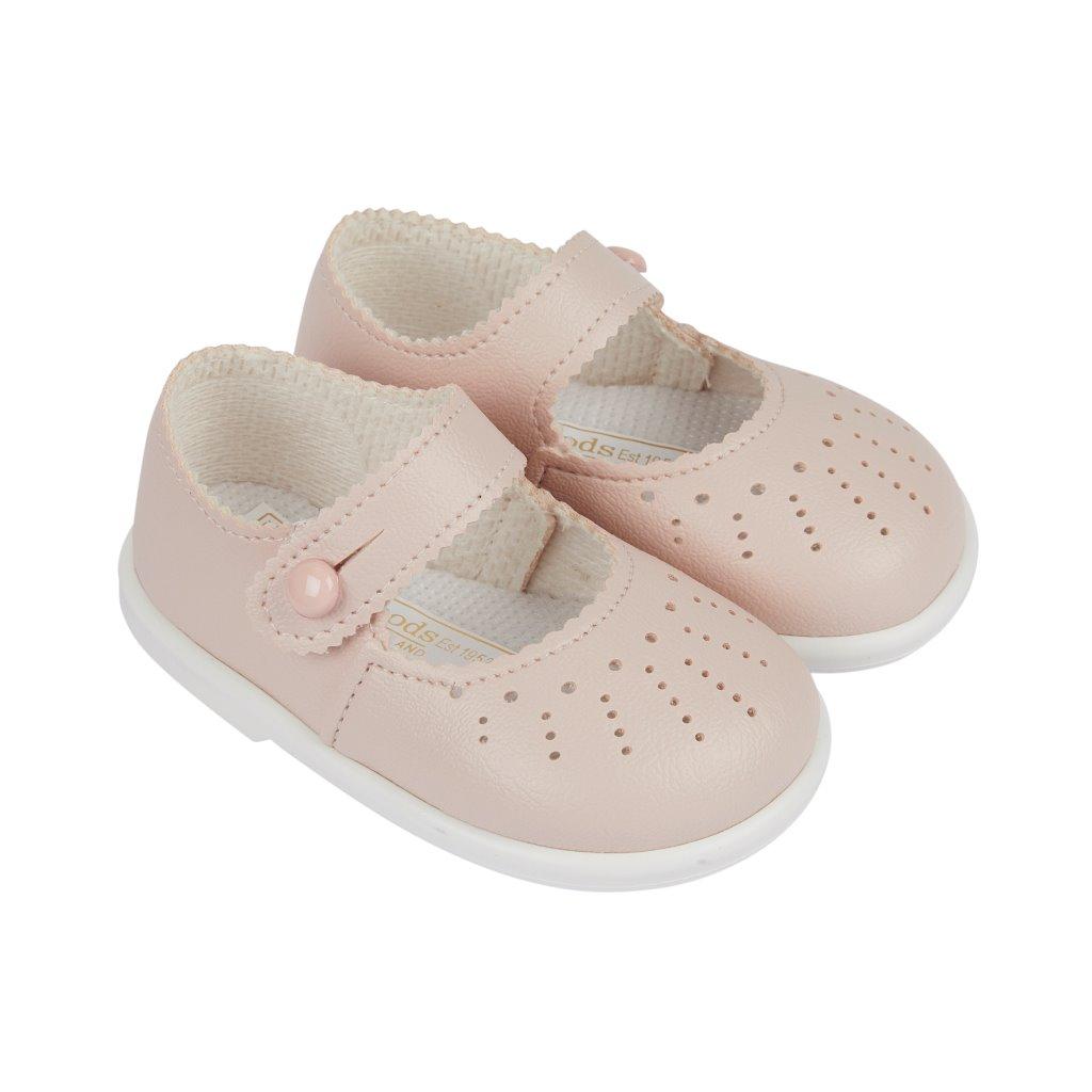 Bay Pod/Early Days H652 * BPH652DP Dusky Pink Punch Hole Detail First Walker Shoes (2-6)