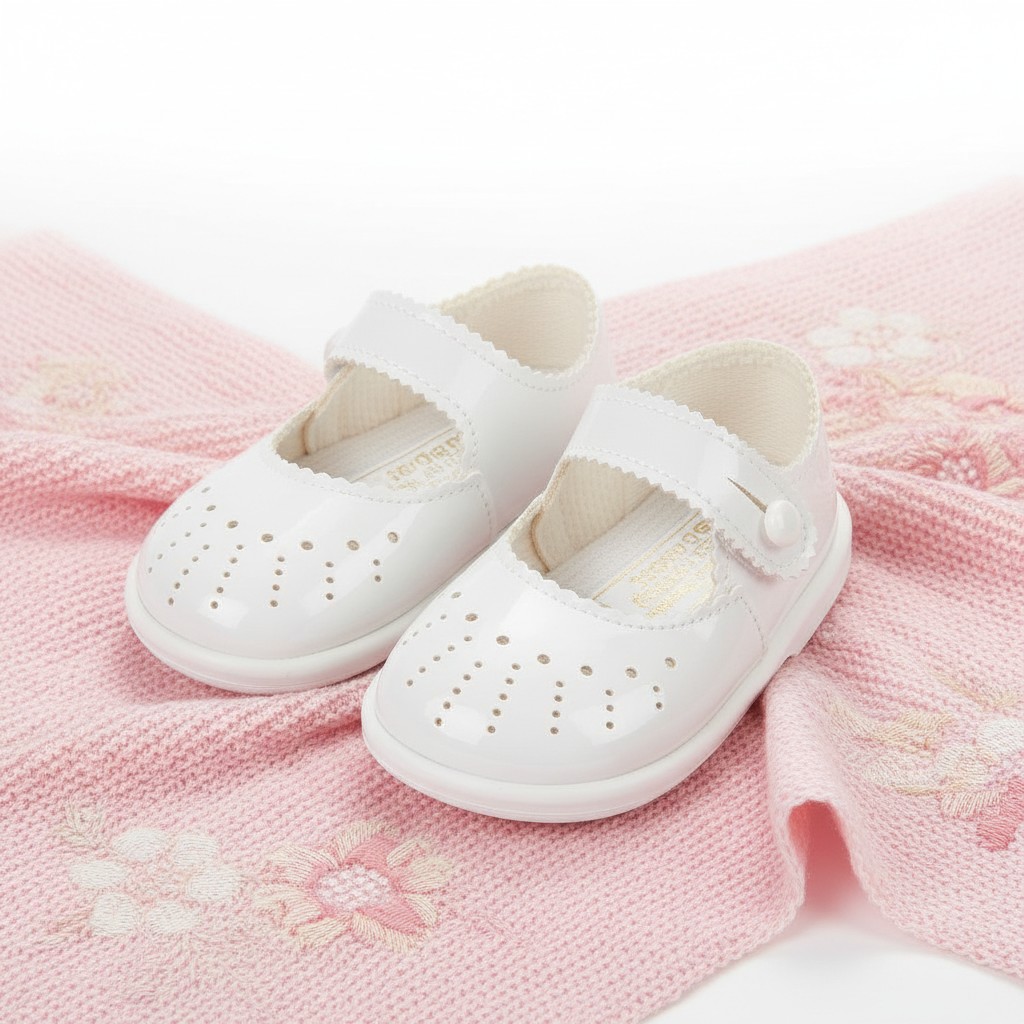 Bay Pod/Early Days H652 * BPH652WP White Patent Punch Hole Detail First Walker Shoes (2-6)