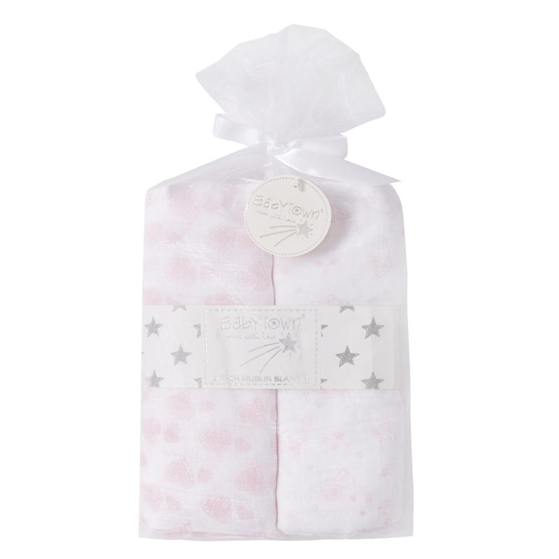 Baby Town 19C205 5056188214147 BT19C205 White/Pink Twinpack "Elephants and Hearts" Muslin