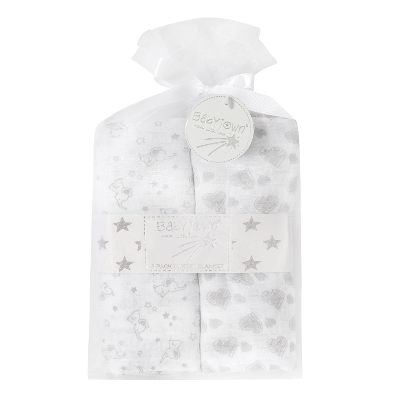 Baby Town  5056188214154 BT19C206 White/Grey Twinpack "Elephants and Hearts" Muslin