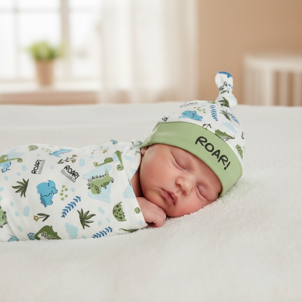 Baby Town 19C223 5056188227451 BT19C223-G "Dinosaur" Swaddle Wrap and Hat Set (0-6 months)