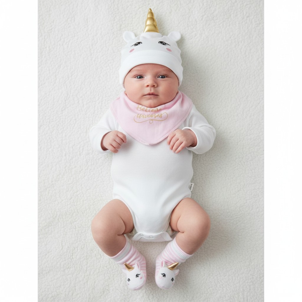 Baby Town 19C224 5056188227444 BT19C224WP "Unicorn" Hat, Bib and Sock Set (0-6 months)
