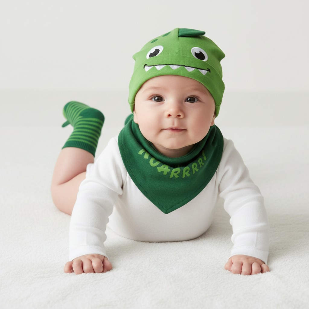 Baby Town 19C225 5056188227437 BT19C225-G "Dinosaur" Hat, Bib and Sock Set (0-6 months)