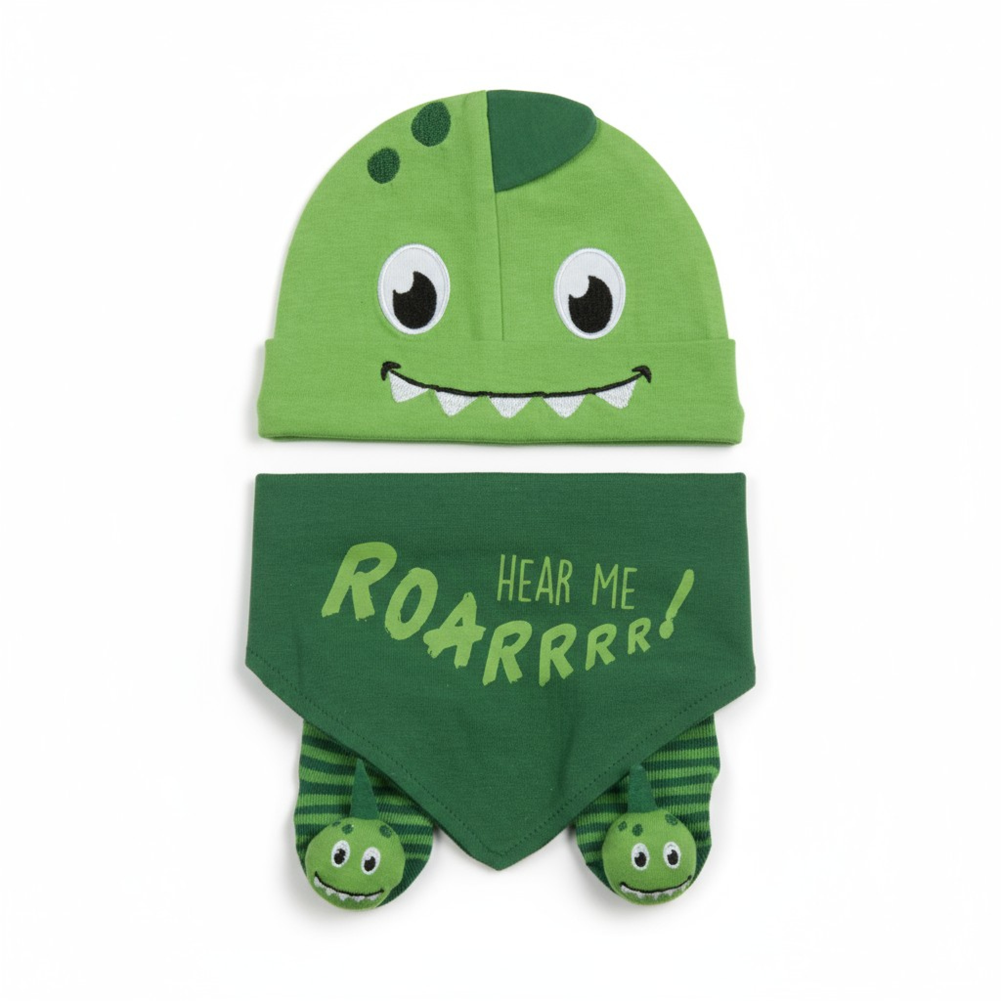 Baby Town 19C225 5056188227437 BT19C225G "Dinosaur" Hat, Bib and Sock Set (0-6 months)