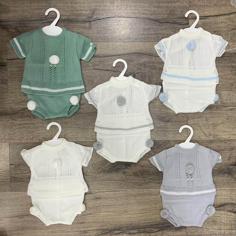 Bebe Caramel Portugal  * BeC517GS Grey and Sky Pom Pom Knitted Two Piece Set (3-12m)