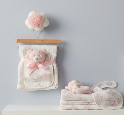 CC112-3005P  Muslin Fabric Blanket , rattle & Bib 