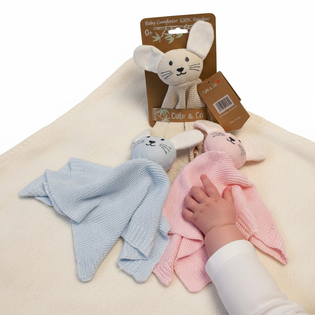 Cute & Co GP-25-1282 Pink = 5035320425825, Blue = 5035320625829, Taupe = 5035320225821 CC25-1282A Knitted Bamboo "Bunny" Comforter (Choose Colour)