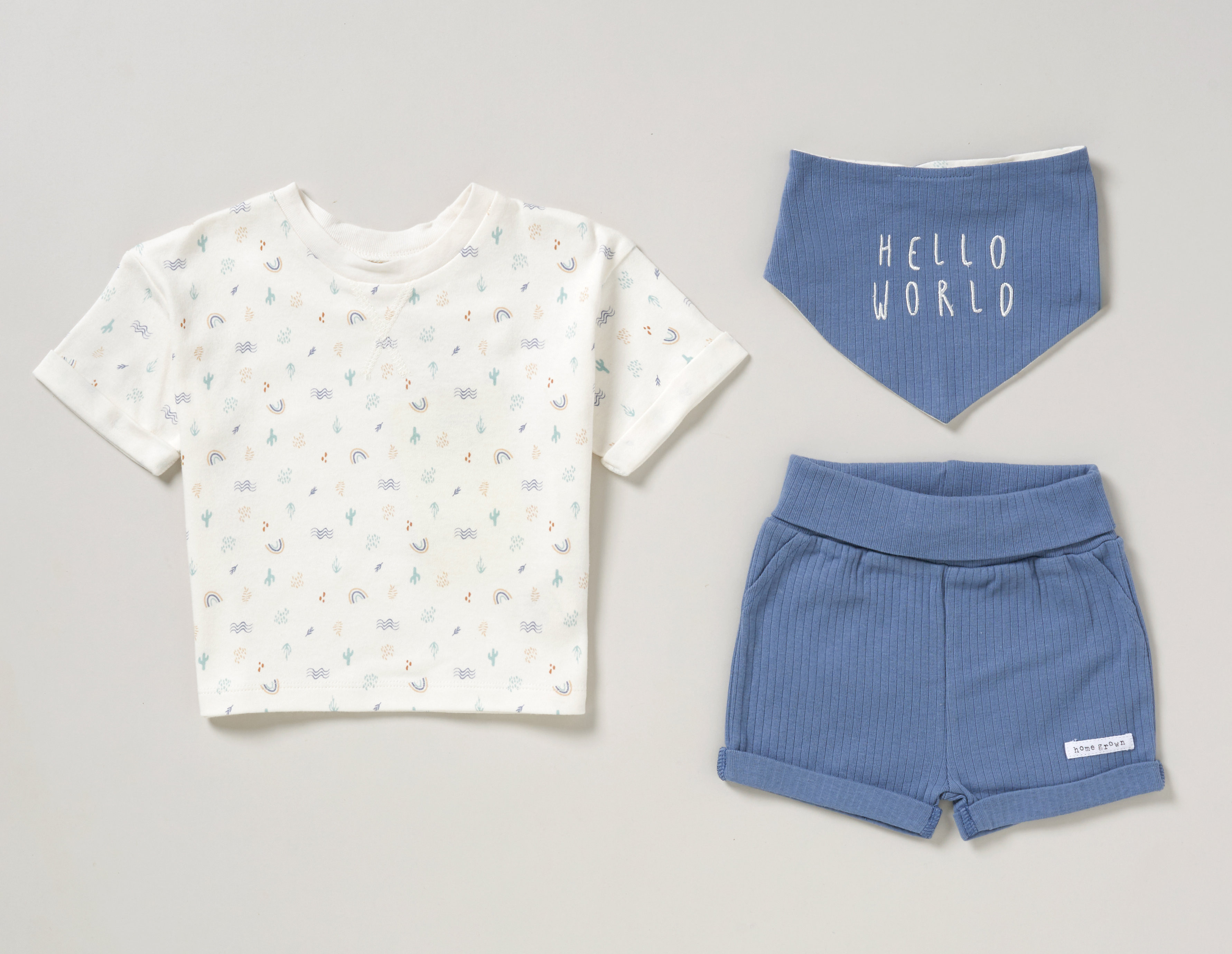 HOME GROWN BABY (organic) D07186 5056623275801 HGD07186 Organic "Hello World" Ribbed Shorts Set (0-12 months)