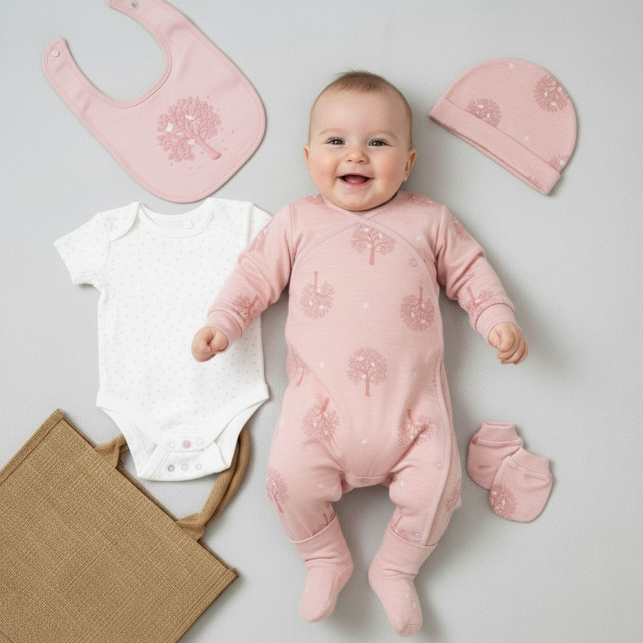 HOME GROWN BABY (organic) E08703 * HGE08703-P Organic Layette Set  "Tree" (Nb - 9 months)