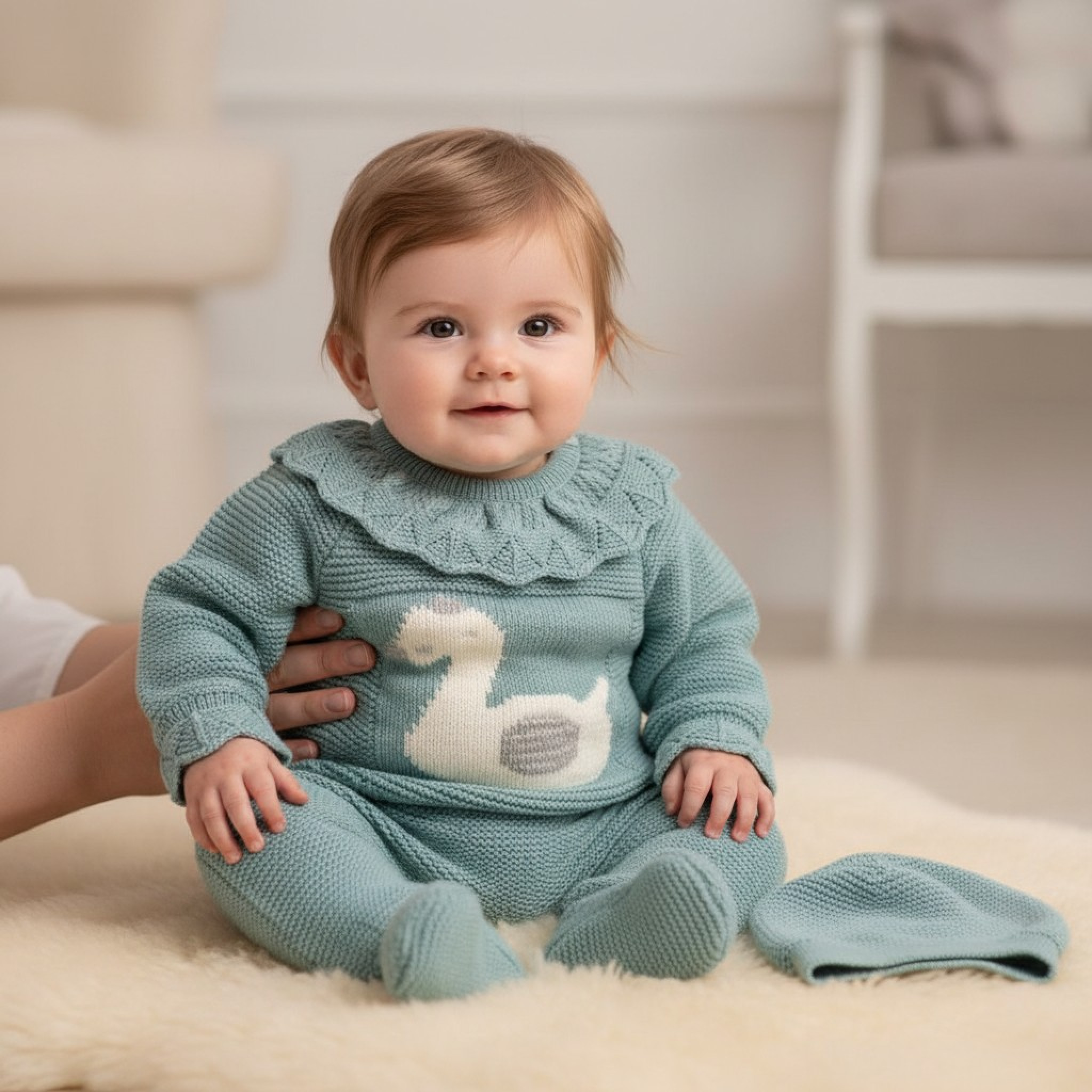 Just For Me 10-1206 5035320012063 JF10-1206-BSG Sage Green "Swan" Knitted 3 Piece Set (Nb-3m)