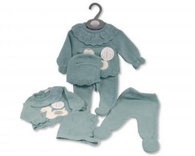 Just For Me 10-1206 5035320012063 JF10-1206ASG Sage Green "Swan" Knitted 3 Piece Set (3-9m)