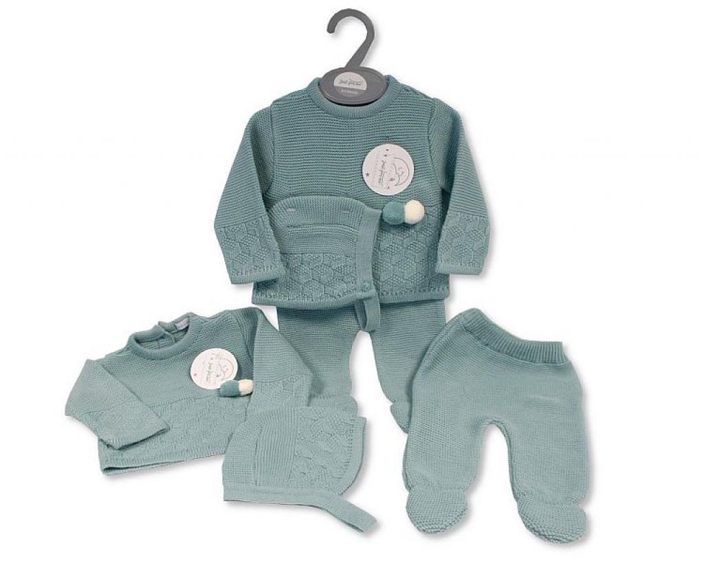 Just For Me 10-1207 5035320012077 JF10-1207 Sage Green "Pom Pom" Knitted 3 Piece Set (NB-9 months)
